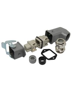 Złącze kompletne Han-KIT-3AWSM, poł. śrubowe, rozm. 3A, 3+PE, 10A, obudowa metal. panelowa prosta/kablowa kątowa M20...