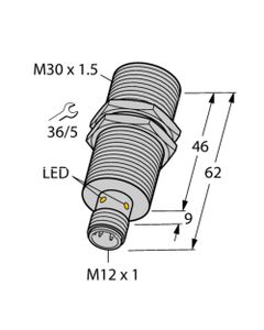 Czujnik indukcyjny BI15-M30-AN6X-H1141, M30 Sn-15mm, 10-30V DC, NPN NO, czoło wbudowane, 3-przew. konektor M12, mosiądz ...