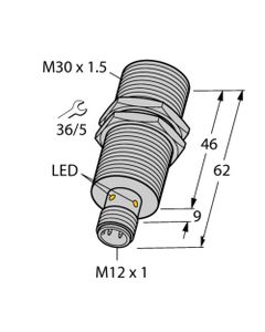 Czujnik indukcyjny BI15-M30-VP6X-H1141, M30 Sn-15mm, 10-30V DC, PNP NO/NC, czoło wbudowane, 4-przew. konektor M12, mosią...