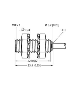 Czujnik indukcyjny BI2-EG08K-AP6X, M8 Sn-2mm, 10-30V DC, PNP NO, czoło wbudowane, 3-przew. kabel 2m, stal nierdz. L23.5m...