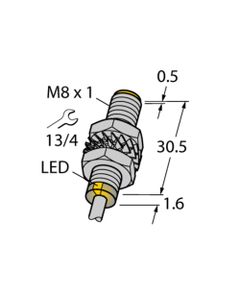 Czujnik indukcyjny BI2-M08-AN6X, M8 Sn-2mm, 10-30V DC, NPN NO, czoło wbudowane, 3-przew. kabel 2m, mosiądz nikl. L32.1mm...