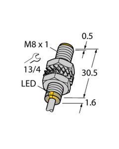 Czujnik indukcyjny BI2-M08-AP6X, M8 Sn-2mm, 10-30V DC, PNP NO, czoło wbudowane, 3-przew. kabel 2m, mosiądz nikl. L32.1mm...