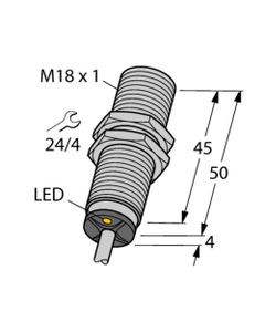 Czujnik indukcyjny BI5-M18-AN6X, M18 Sn-5mm, 10-30V DC, NPN NO, czoło wbudowane, 3-przew. kabel 2m, mosiądz chrom. L54mm...