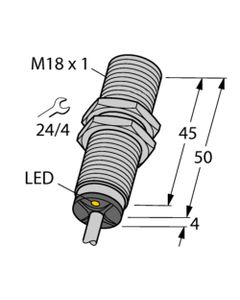 Czujnik indukcyjny BI8-M18-VP6X, M18 Sn-8mm, 10-30V DC, PNP NO/NC, czoło wbudowane, 4-przew. kabel 2m, mosiądz chrom. L5...