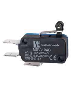 Mikrołącznik krańcowy MSV\104C, 1NO/1NC, dźwignia z rolką krótka, L 14 mm, obod. plastik IP00, zaciski faston
