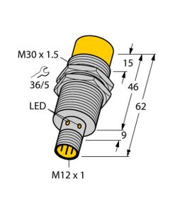Czujnik indukcyjny NI20-M30-AN6X-H1141, M30 Sn-20mm, 10-30V DC, NPN NO, czoło niewbudowane, 3-przew. konektor M12, mosią...