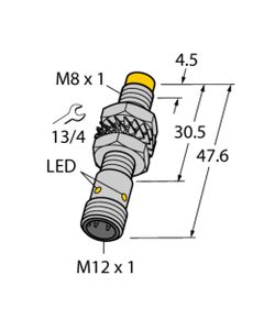 Czujnik indukcyjny NI3-M08-VN6X-H1341, M8 Sn-3mm, 10-30V DC, NPN NO/NC, czoło niewbudowane, 4-przew. konektor M12, mosią...