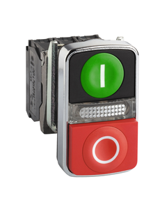 Przycisk 2-klawiszowy XB4BW73731M5, I na zielonym tle/0 na czerwonym tle, 230V AC 1NO+1NC, monostabilny