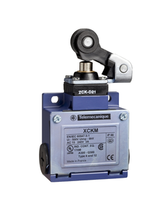 Łącznik krańcowy XCKM121, 1NO+1NC migowe, trzpień wciskany dźwignią z rolką z tworzywa fi 20, metal IP66, 3xPG11