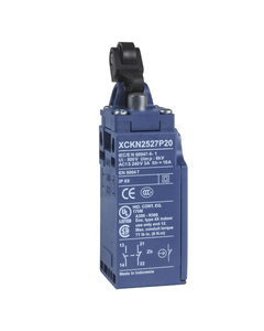 Łącznik krańcowy XCKN2127G11, 1NO+1NC migowe, trzpień wciskany dźwignią z rolką z tworzywa fi 14, plastik  IP65, PG11...